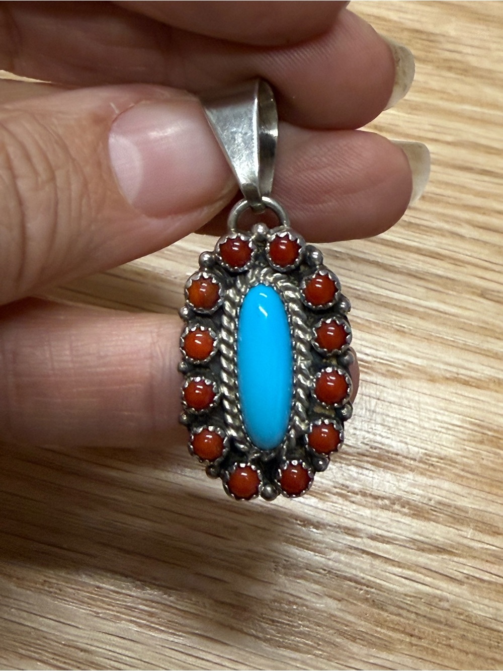 Sterling Silver Turquoise and Red Coral Pendant Necklace